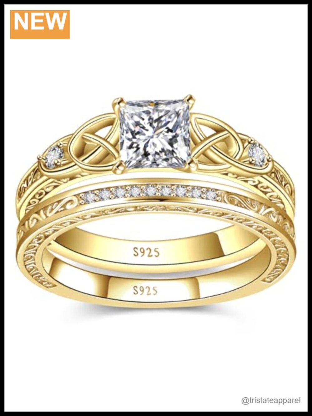 Sterling Silver 14K Gold Plated Celtic Knot Engagement Ring Set Princess Cut